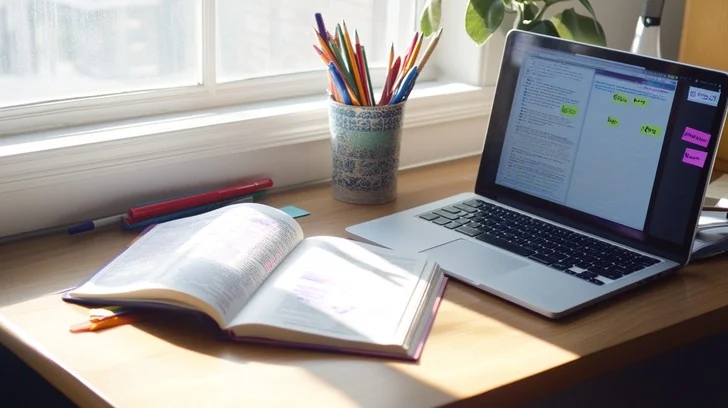 A tidy, minimal desk setup with an open notebook, a pencil, and soft natural light — a calm environment for focused study